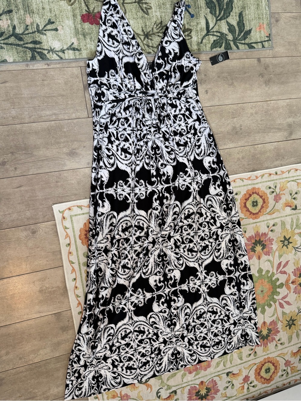 Y2K Sears Black White Scroll Print Plunge Maxi Dress L NWT